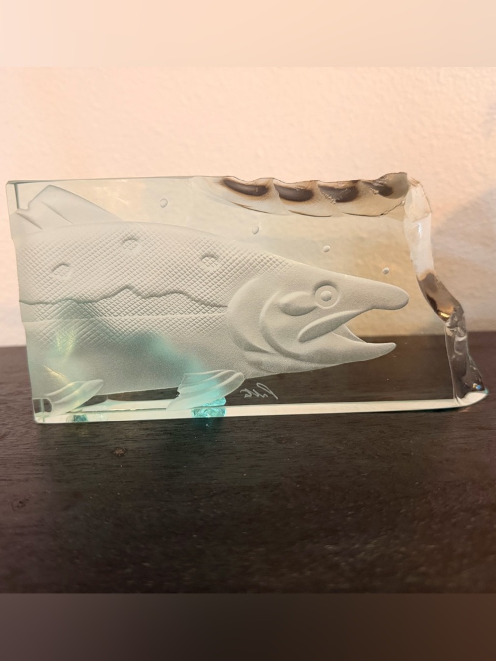 Jerry Perrett Aqua Blue Green Glass FISH Salmon Wave Carving Etched & Signed